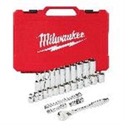 Milwaukee® Tool 48-22-9408 Ratchet and Socket Set, Case Tool Storage, 4 deg Arc Swing, 3/8 in Drive, 28 Pieces, Steel